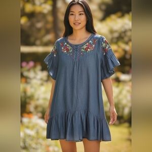 Love Fashion Embroidered Chambray Ruffle Hem Dress Boho Floral Denim Tunic